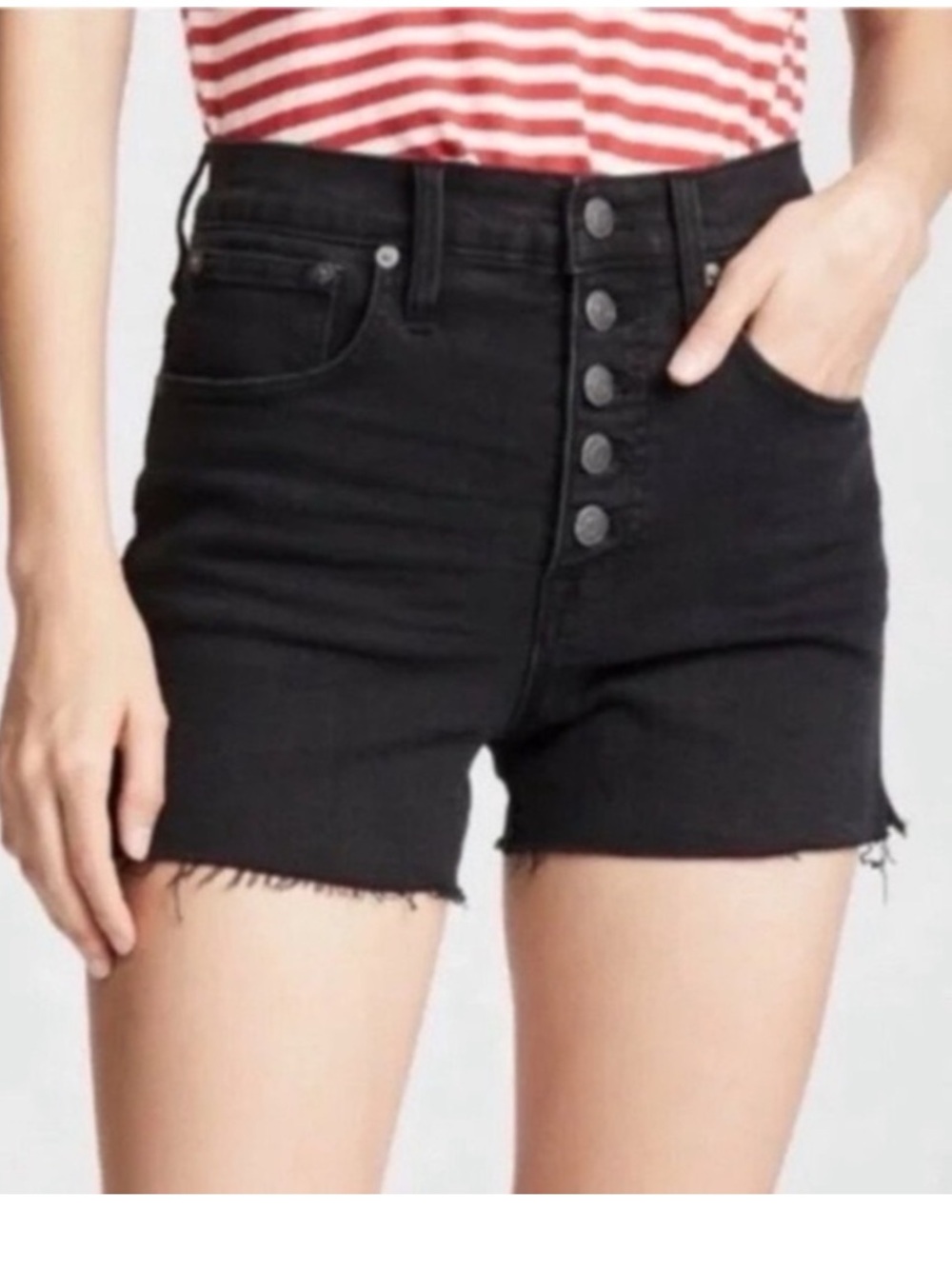 Madewell Black High-Rise Button Fly Denim Frayed Shorts; Size 28.